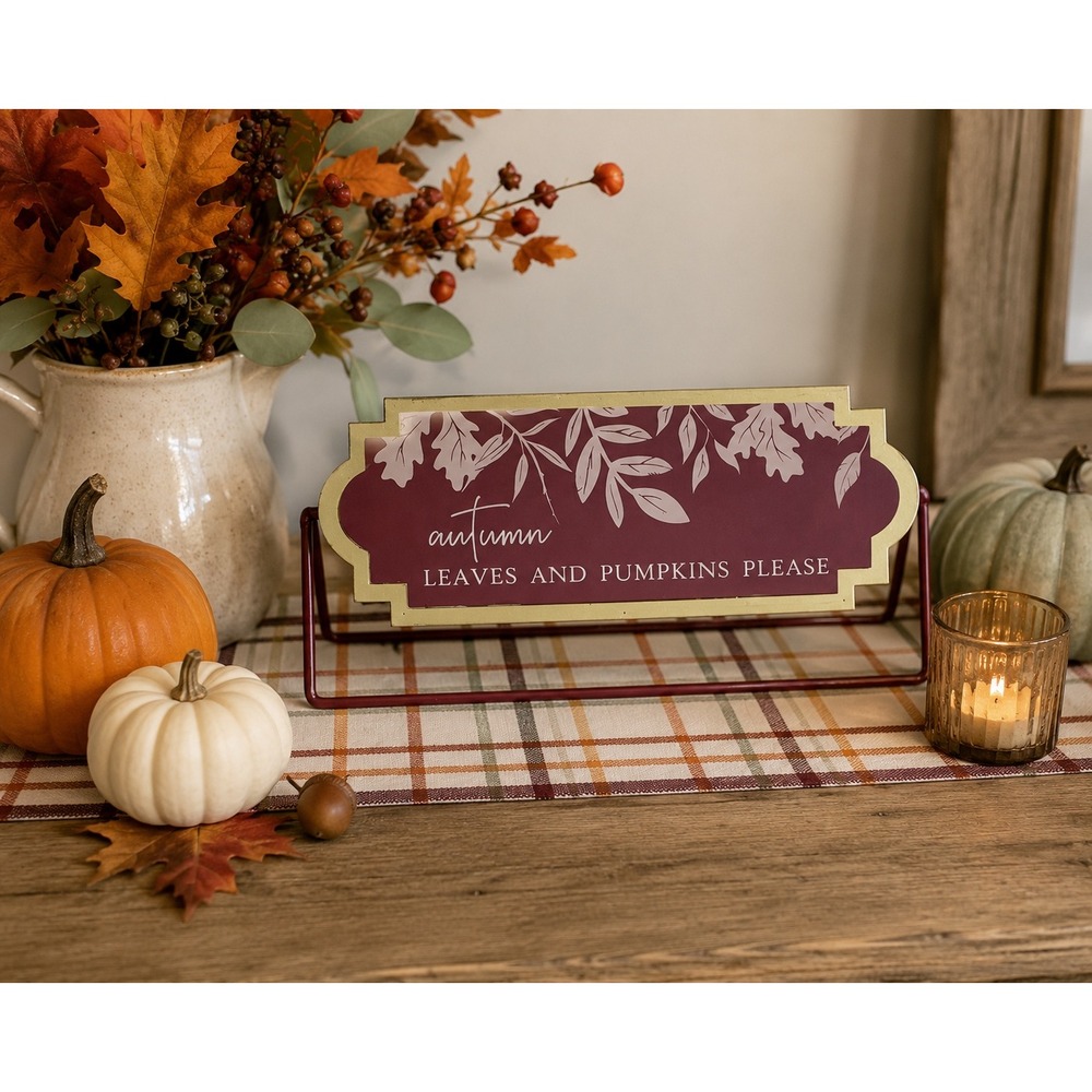 Fall Autumn Decor Flippable Tabletop Sign Burgundy Gold Leaves & Pumpkins NWT